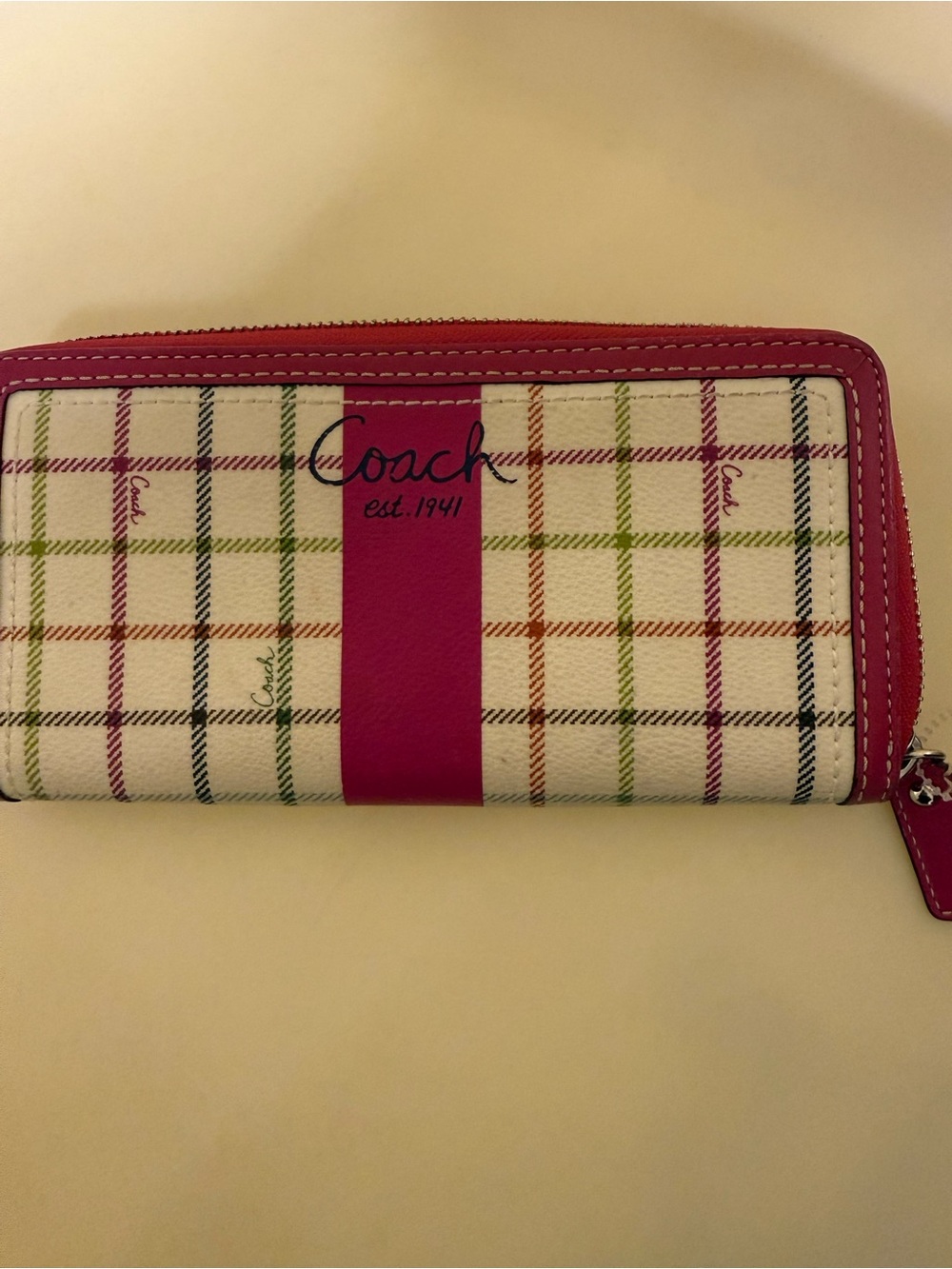 Coach Multicolor Plaid Zip Wallet with Pink Stripe
